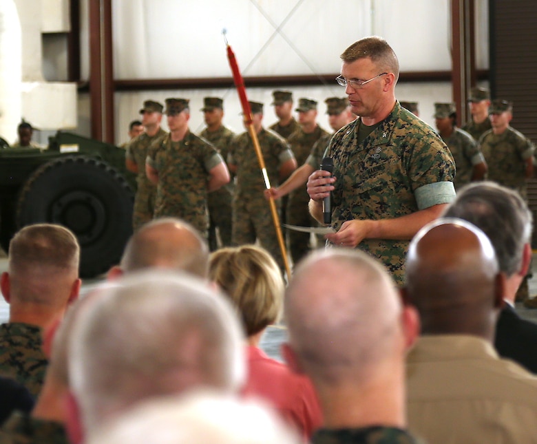 Col. Kipp Wahlgren, commanding officer, Marine Force Storage Command, addresses the crowd during MFSC’s activation ceremony held aboard Marine Corps Logistics Base Albany, Ga., April 11.