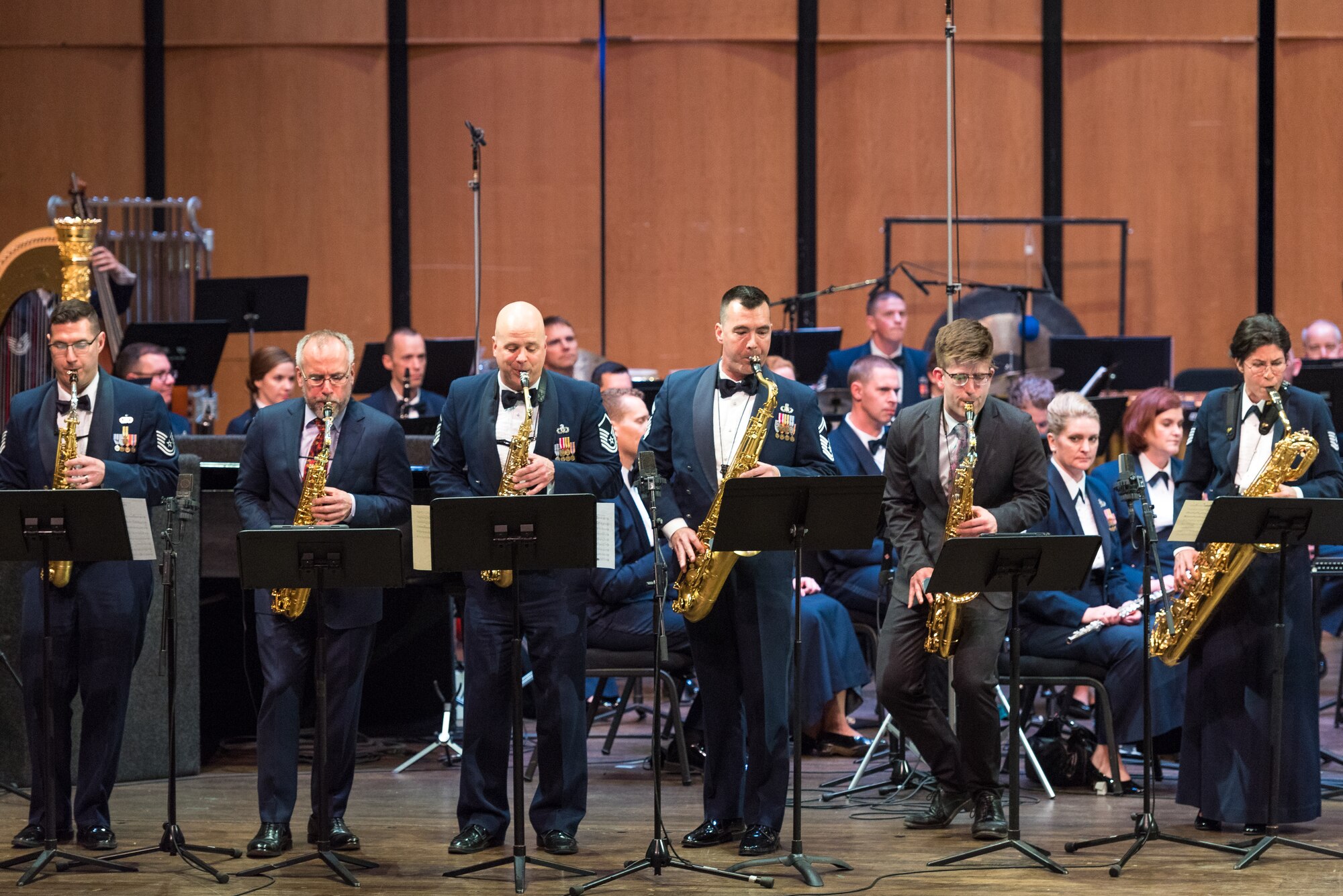 Internationally acclaimed saxophonist Joe Lulloff joins the saxophone section of the U.S. Air Force Concert Band on Thursday, Apr. 18, at the Rachel M. Schlesinger Concert Hall and Arts Center in Alexandria, Virginia. This concert was the final installment of The U.S. Air Force Band's 2019 Guest Artist Series. (U.S. Air Force photo by Master Sgt. Grant Langford)