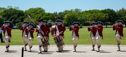 The U.S. Army Old Guard Fife and Drum Corps perform April 20, 2019, at Joint Base San Antonio-Fort Sam Houston, Texas during the Fiesta and Fireworks Extravaganza. Fiesta honors the long-standing partnership between the U.S. military and San Antonio in annual Fiesta events, which commemorate Texas’ independence after the Battle of San Jacinto and the Alamo.  (U.S. Air Force photo by Senior Airman Stormy Archer)