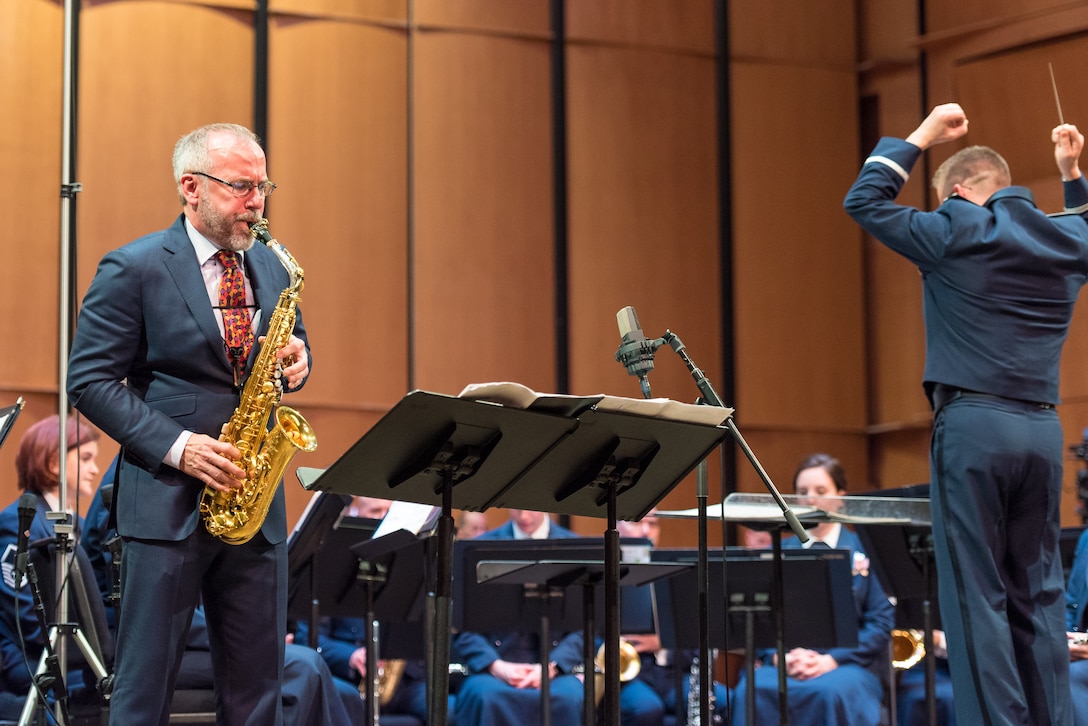 Internationally acclaimed saxophonist Joe Lulloff performs with the U.S. Air Force Concert Band on Thursday, Apr. 18, at the Rachel M. Schlesinger Concert Hall and Arts Center in Alexandria, Virginia. This concert was the final installment of The U.S. Air Force Band's 2019 Guest Artist Series. (U.S. Air Force photo by Master Sgt. Grant Langford)