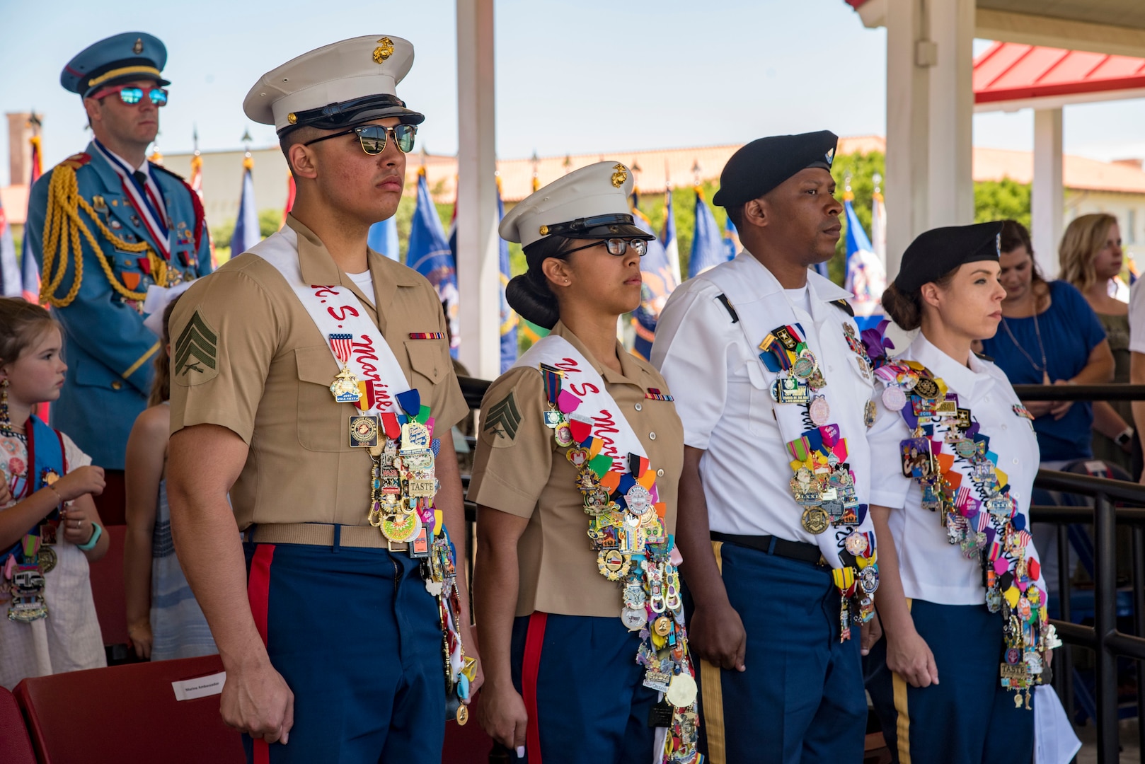A joint service color guard presents the colors April 20, 2019, at Joint Base San Antonio-Fort Sam Houston, Texas during the Fiesta and Fireworks Extravaganza. Fiesta honors the long-standing partnership between the U.S. military and San Antonio in annual Fiesta events, which commemorate TExas’ independence after the Battle of San Jacinto and the Alamo.  (U.S. Air Force photo by Senior Airman Stormy Archer)