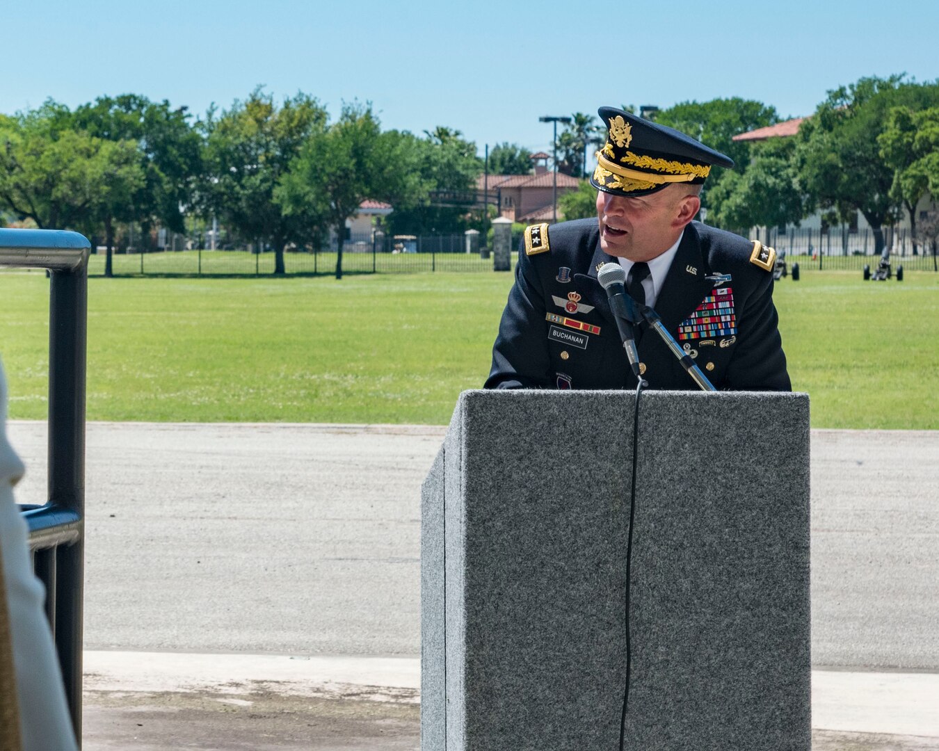 Lt. Gen. Jeffrey S. Buchanan, U.S. Army North commander, speaks April 20, 2019, at Joint Base San Antonio-Fort Sam Houston, Texas during the Fiesta and Fireworks Extravaganza. Fiesta honors the long-standing partnership between the U.S. military and San Antonio in annual Fiesta events, which commemorate Texas’ independence after the Battle of San Jacinto and the Alamo.  (U.S. Air Force photo by Senior Airman Stormy Archer)