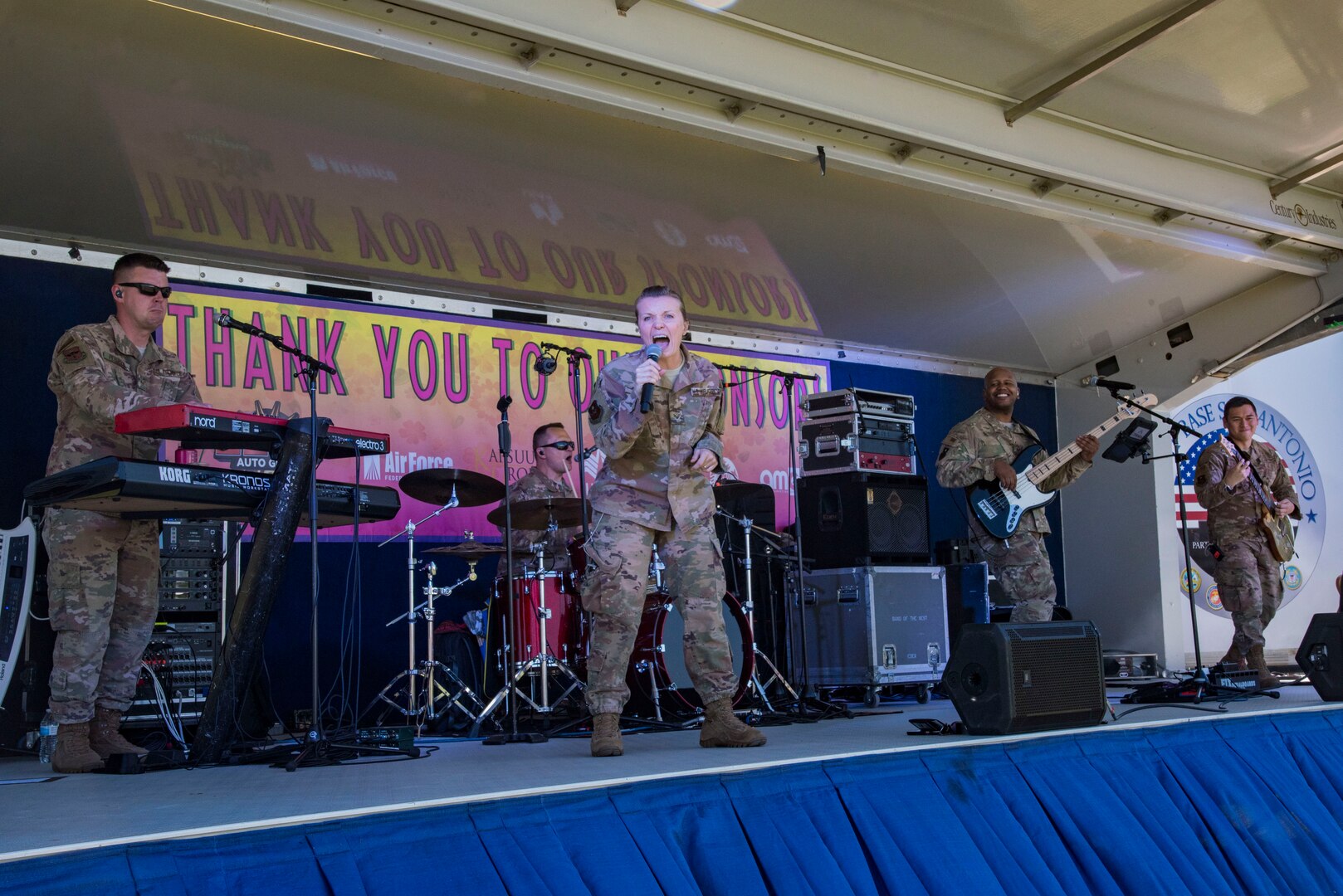 Members of the Air Force Band of the West perform April 20, 2019, at Joint Base San Antonio-Fort Sam Houston, Texas during the Fiesta and Fireworks Extravaganza. Fiesta honors the long-standing partnership between the U.S. military and San Antonio in annual Fiesta events, which commemorate Texas’ independence after the Battle of San Jacinto and the Alamo.  (U.S. Air Force photo by Senior Airman Stormy Archer)