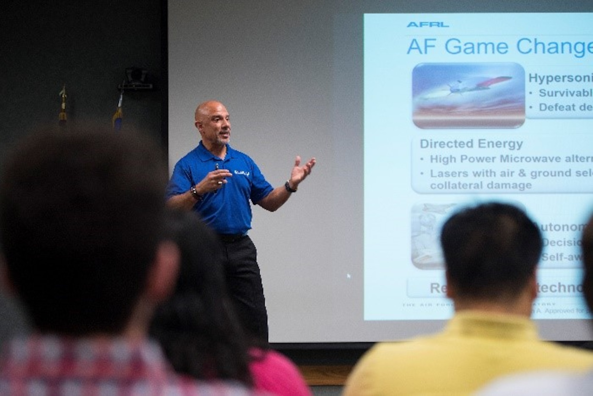 Miguel Maldonado, Air Force Research Laboratory Aerospace Systems Directorate Turbine Engines Division, gives students from area universities an overview of AFRL April 18, 2019, at the start of the Wright-Patterson Air Force Base Onsite Career Day. The event, sponsored by the Hispanic and Black Employment Programs, was held to motivate qualified student candidates to consider a career with Wright-Patt in the science, technology, engineering and math fields.