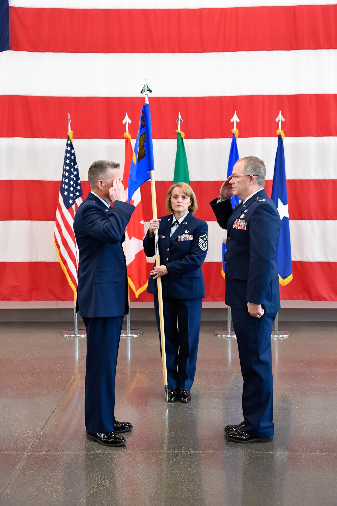 Brig. Gen. Jeremy Horn presides over the ceremony of Col. Scott Humphrey as he assumes command of the 225th Air Defense Group at the Pierce County Readiness Center, Camp Murray, Washington,  April 10, 2019. (U.S. Air National Guard photo by Capt. Colette Muller)