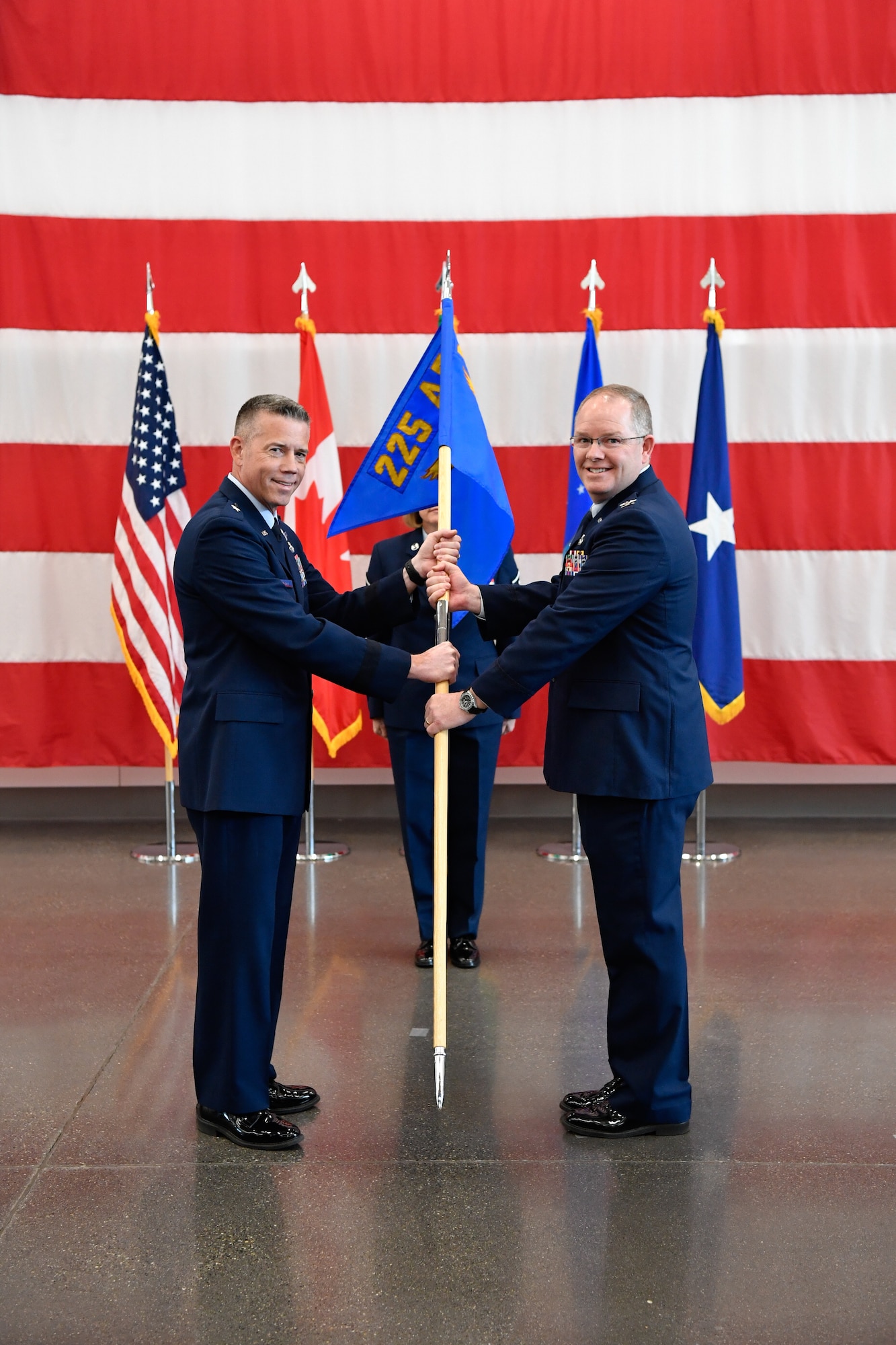 Brig. Gen. Jeremy Horn presides over the ceremony of Col. Scott Humphrey as he assumes command of the 225th Air Defense Group at the Pierce County Readiness Center, Camp Murray, Washington, April 10, 2019.  (U.S. Air National Guard photo by Capt. Colette Muller)