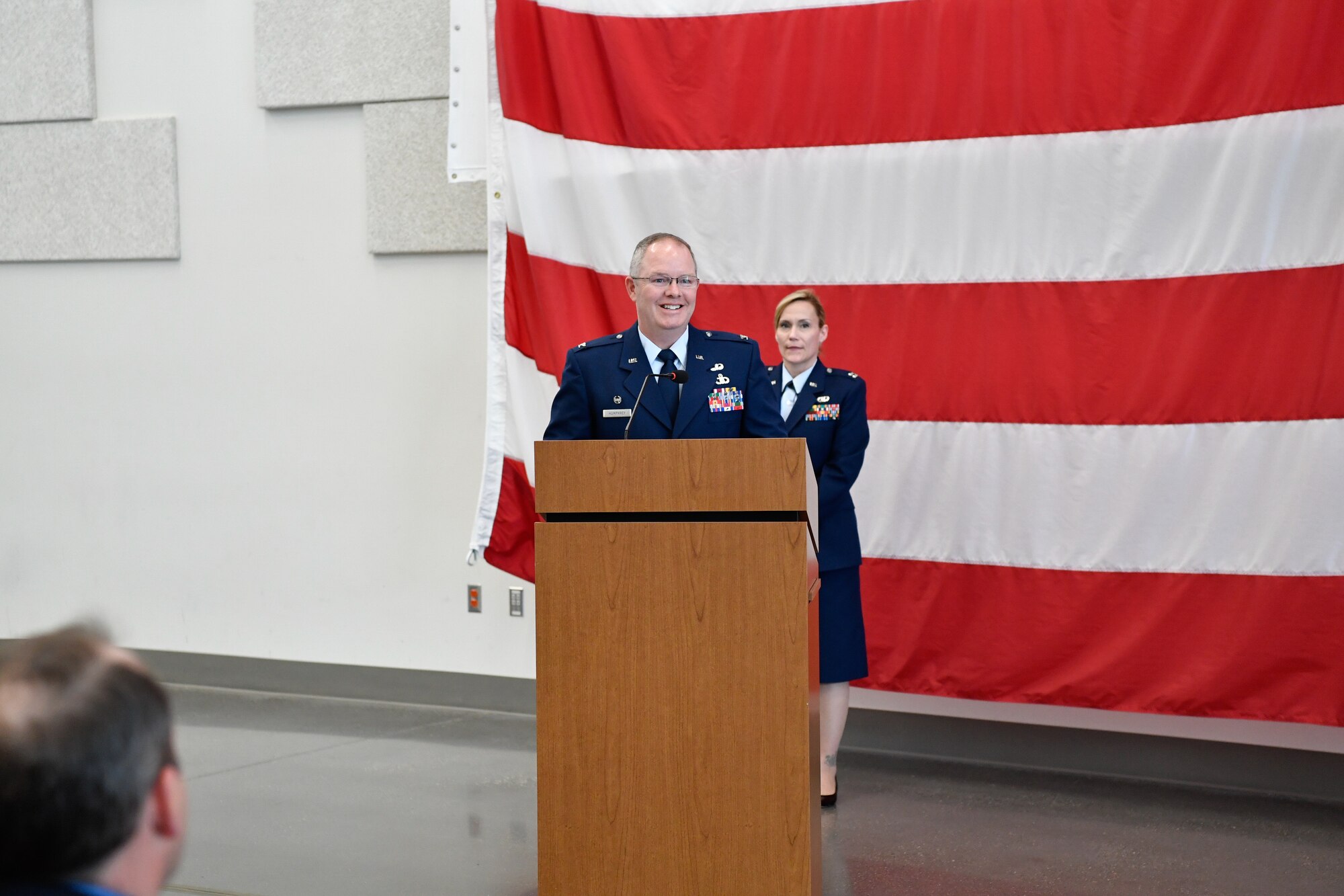 Col. Scott Humphrey addresses the members of the 225th Air Defense Group after assuming command at the Pierce County Readiness Center, Camp Murray, Washington, April 10, 2019. (U.S. Air National Guard photo by Capt. Colette Muller).