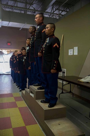 New Marines with India Company, 3rd Recruit Training Battalion stand in line during a uniform fitting at Marine Corps Recruit Depot San Diego, Arpil 15.