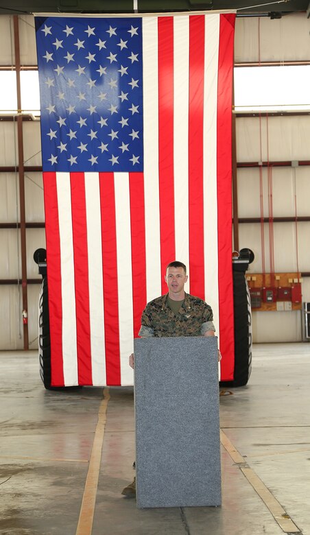 Maj. Jason J. Gates, operations officer, Marine Force Storage Command,  addresses family members, Marines and civilian-Marines during a ceremony held at the Building 1430 aboard Marine Corps Logistics Base Albany, Ga., April 19. Gates retired after 22 years of honorable service in the Marine Corps.