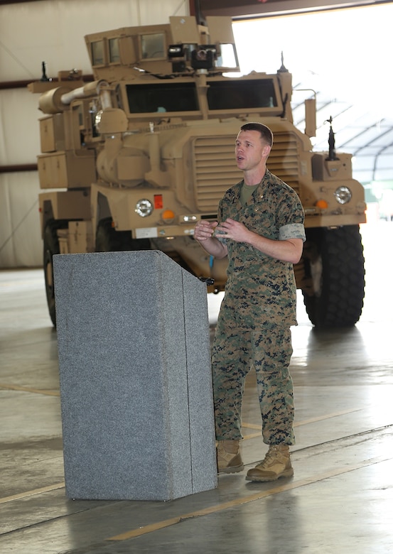Maj. Jason J. Gates, operations officer, Marine Force Storage Command,  addresses family members, Marines and civilian-Marines during a ceremony held at the Building 1430 aboard Marine Corps Logistics Base Albany, Ga., April 19. Gates retired after 22 years of honorable service in the Marine Corps.