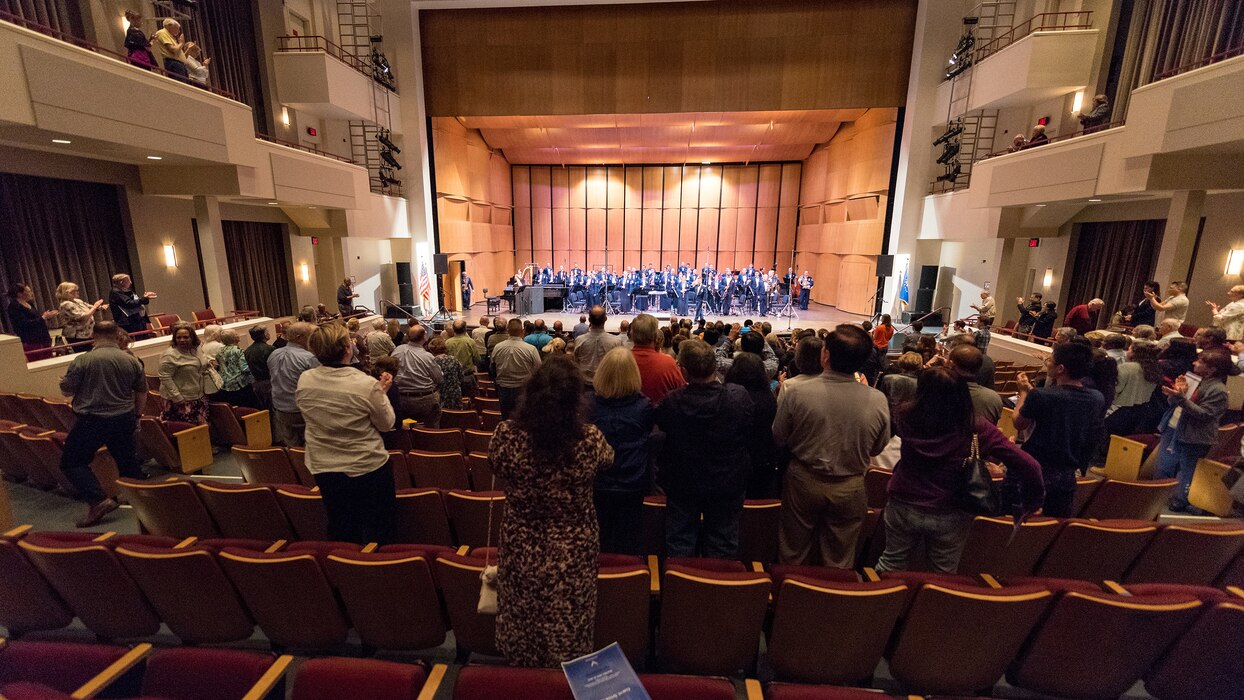 The audience gives a standing ovation to internationally acclaimed saxophonist Joe Lulloff after his performance with the U.S. Air Force Concert Band on Thursday, Apr. 18, at the Rachel M. Schlesinger Concert Hall and Arts Center in Alexandria, Virginia. This concert was the final installment of The U.S. Air Force Band's 2019 Guest Artist Series. (U.S. Air Force photo by Master Sgt. Grant Langford)