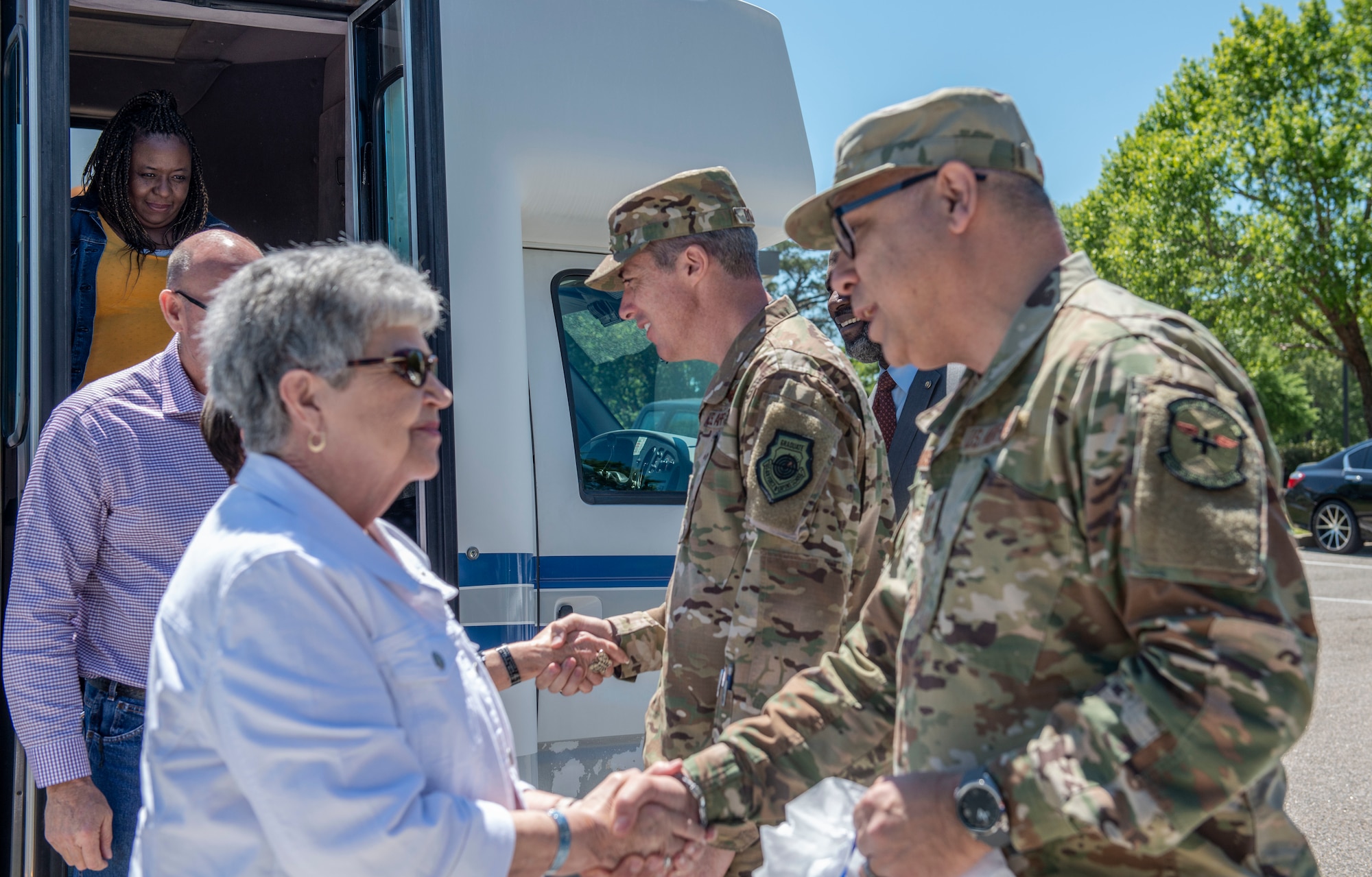 Teresa Hicks, American Gold Star Mother, receives a gift bag during a tour, at Shaw Air Force Base, S.C., April 22, 2019.