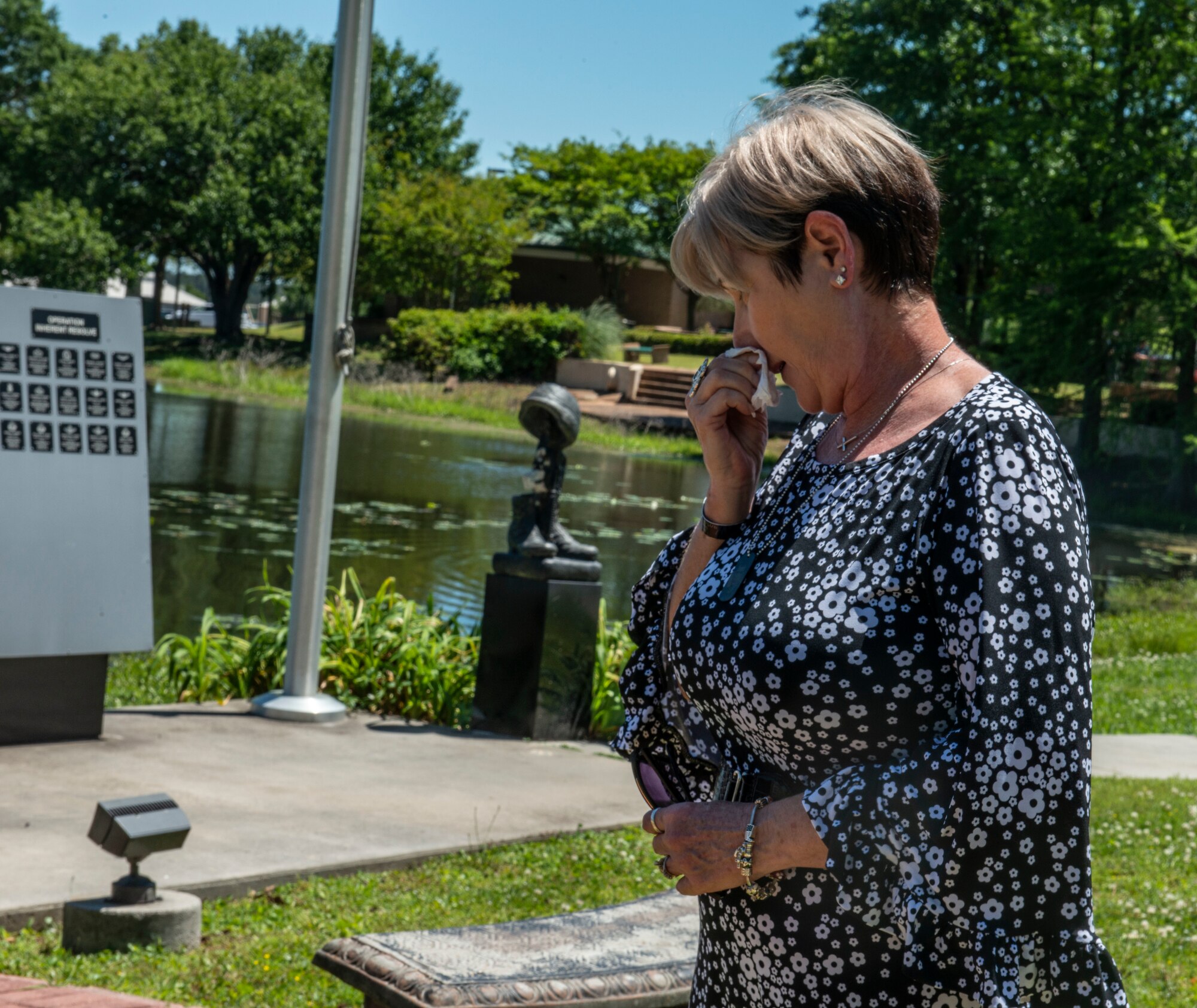 Lynda Bubacz, an American Gold Star Mother tears up as she sees her son’s name on a memorial plaque at Shaw Air Force Base, S.C., April 23, 2019.