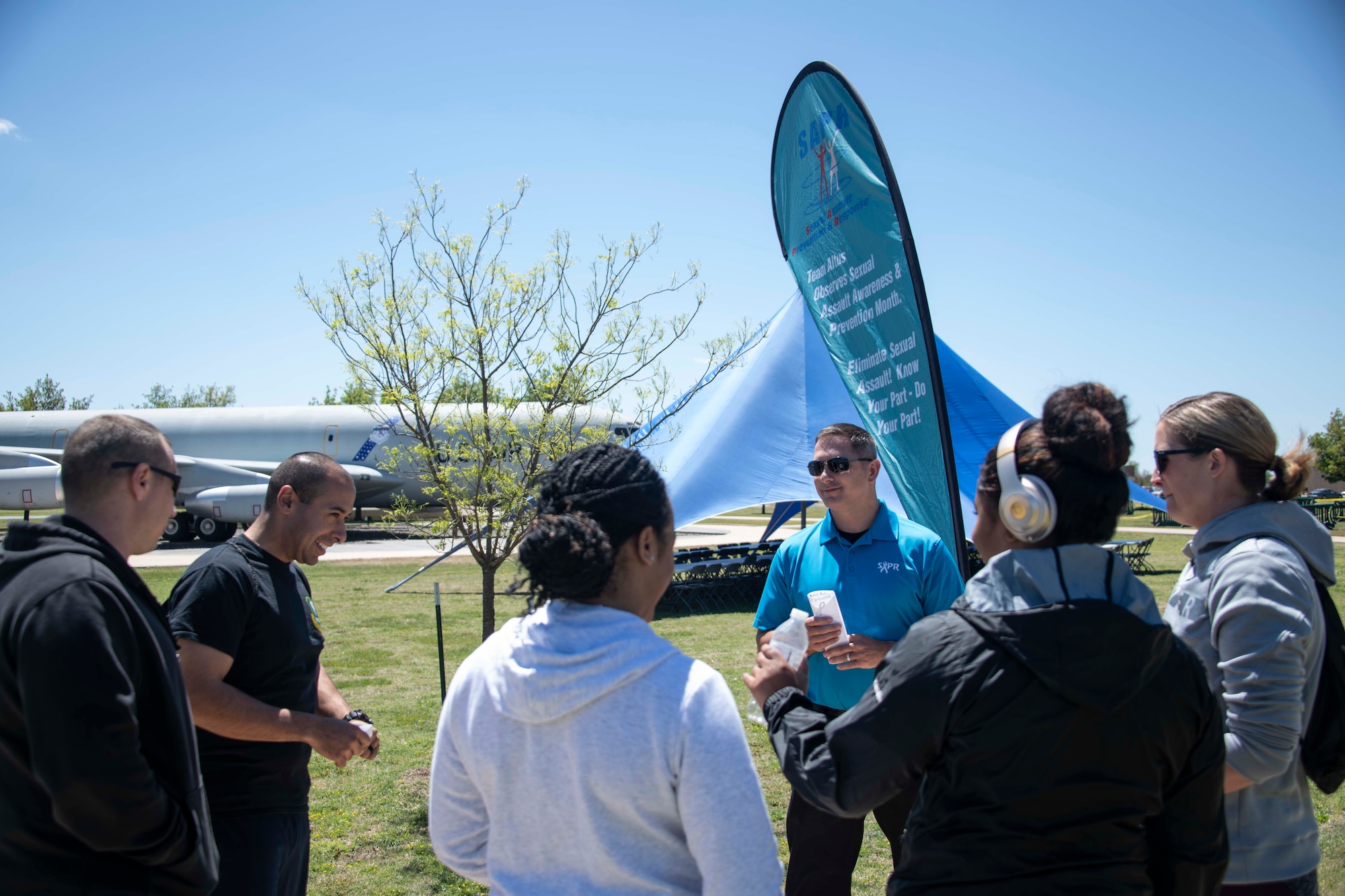 Matt O’Dell, 97th Air Mobility Wing Sexual Assault Response Coordinator briefs members about the Amazing SAPR (Sexual Assault Prevention & Response) Race scavenger hunt