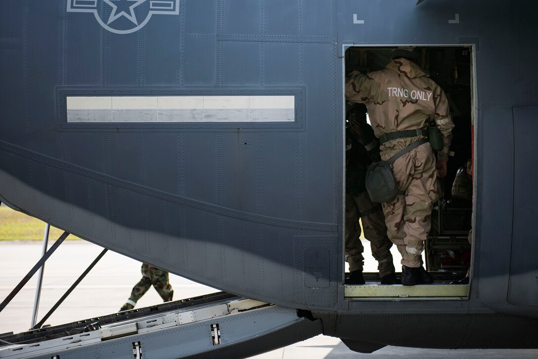 Airmen from the 71st Rescue Squadron await takeoff for in-flight patient care training during exercise FT 19-04, April 18, 2019, at Moody Air Force Base, Ga. The training involved performing a medical evacuation and recovering simulated-wounded personnel from Maxwell Air Force Base, Ala., followed by doing in-flight patient care for multiple categories of wounds. The exercise focused on high operations tempo and the ability to survive and operate in a chemical, biological, radioactive and nuclear environment to meet Chief of Staff of the Air Force and the Commander of Air Combat Command’s intent for readiness. (U.S. Air Force photo by Senior Airman Erick Requadt)