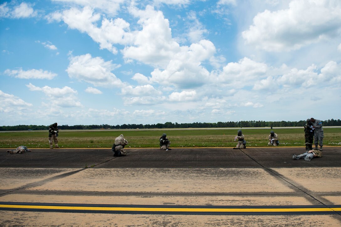 Simulated-wounded personnel prepare for a medical evacuation during in-flight patient care training during exercise FT 19-04, April 18, 2019, at Maxwell Air Force Base, Ala. The training involved performing a medical evacuation and recovering simulated-wounded personnel from Maxwell, followed by doing in-flight patient care for multiple categories of wounds. The exercise focused on high operations tempo and the ability to survive and operate in a chemical, biological, radioactive and nuclear environment to meet Chief of Staff of the Air Force and the Commander of Air Combat Command’s intent for readiness. (U.S. Air Force photo by Senior Airman Erick Requadt)