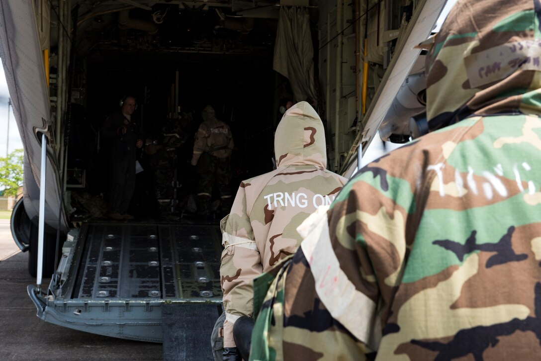 Airmen from the 347th Rescue Group carry a simulated-wounded personnel during in-flight patient care training during exercise FT 19-04, April 18, 2019, at Maxwell Air Force Base, Ala. The training involved performing a medical evacuation and recovering simulated-wounded personnel from Maxwell, followed by doing in-flight patient care for multiple categories of wounds. The exercise focused on high operations tempo and the ability to survive and operate in a chemical, biological, radioactive and nuclear environment to meet Chief of Staff of the Air Force and the Commander of Air Combat Command’s intent for readiness. (U.S. Air Force photo by Senior Airman Erick Requadt)