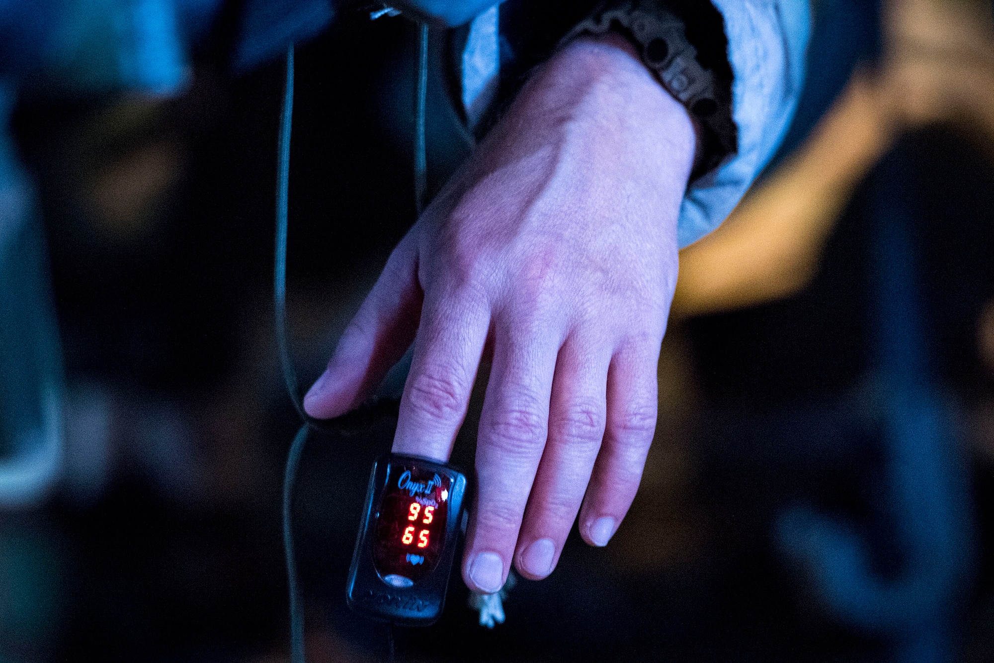A simulated-wounded personnel lays on a stretcher during in-flight patient care training during exercise FT 19-04, April 18, 2019. The training involved performing a medical evacuation and recovering simulated-wounded personnel from Maxwell Air Force Base, Ala., followed by doing in-flight patient care for multiple categories of wounds. The exercise focused on high operations tempo and the ability to survive and operate in a chemical, biological, radioactive and nuclear environment to meet Chief of Staff of the Air Force and the Commander of Air Combat Command’s intent for readiness. (U.S. Air Force photo by Senior Airman Erick Requadt)
