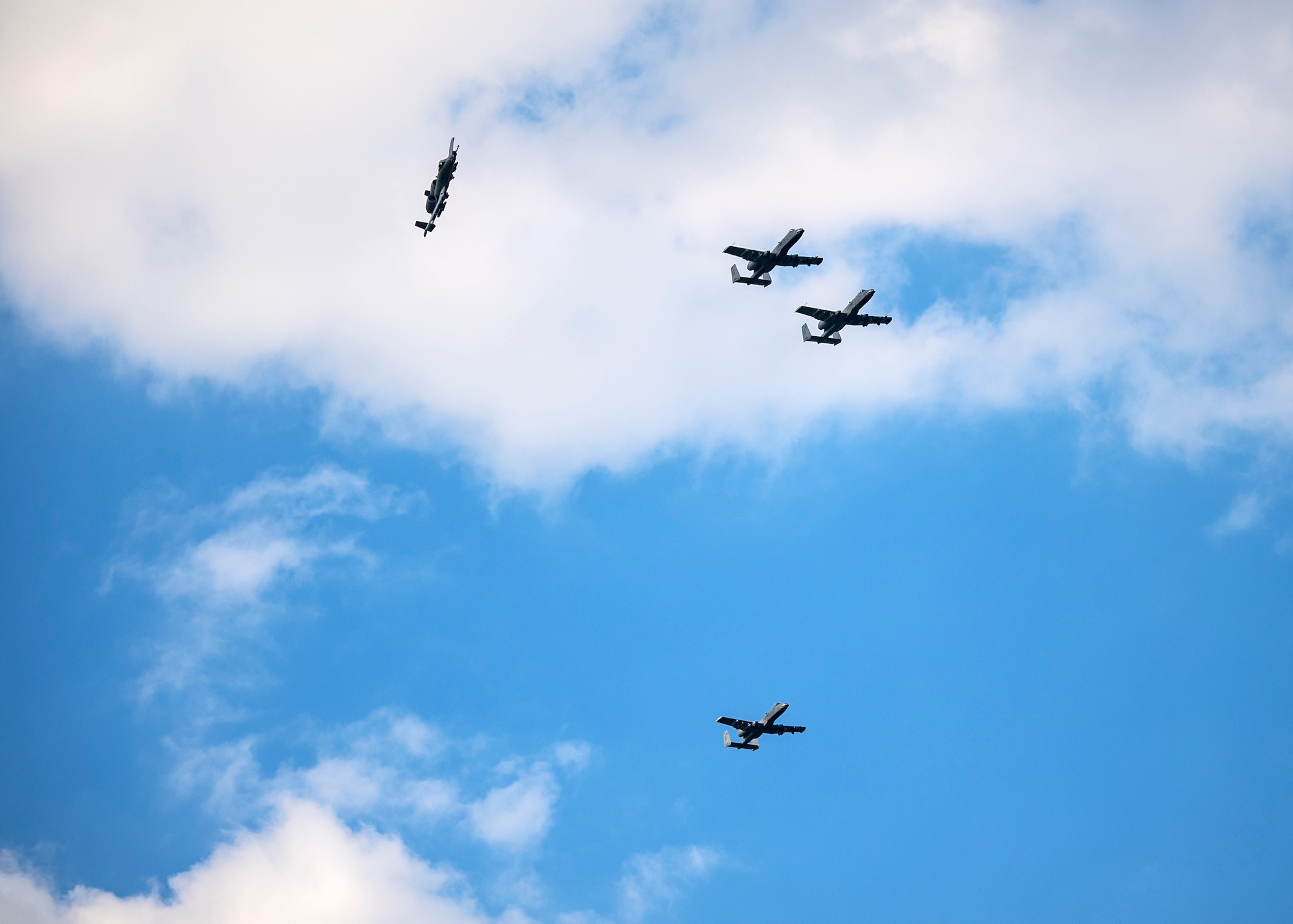 A-10C Thunderbolt IIs fly in formation during FT 19-04, April 18, 2019, at Moody Air Force Base, Ga. The exercise focused on high operations tempo and the ability to survive and operate in a chemical, biological, radioactive and nuclear environment to meet Chief of Staff of the Air Force and the Commander of Air Combat Command’s intent for readiness. (U.S. Air Force photo by Airman 1st Class Eugene Oliver)