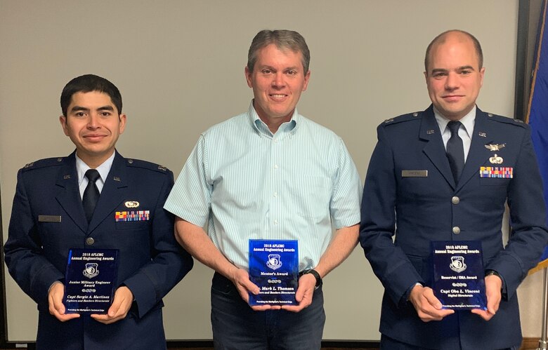 Capt. Sergio Martinez, Dr. Mark Thomsen and Capt. Oba Vincent, Air Force Life Cycle Management Center employees at Hill AFB, received awards at the AFLCMC Engineering Awards Ceremony.