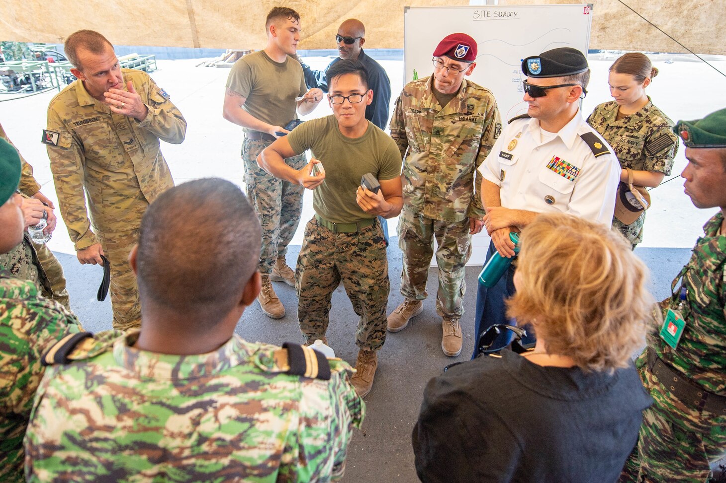 DILI, Timor-Leste (April 23, 2019) – U.S. Marine Corps L.Cpl. Thien Nguyen explains the process of examining chlorine levels in water sources to Kathleen Fitzpatrick, U.S. ambassador to Timor-Leste, and Timor-Leste Defense Force members during a subject matter expert exchange as part of Pacific Partnership 2019. Pacific Partnership, now in its 14th iteration, is the largest annual multinational humanitarian assistance and disaster relief preparedness mission conducted in the Indo-Pacific. Each year the mission team works collectively with host and partner nations to enhance regional interoperability and disaster response capabilities, increase security and stability in the region, and foster new and enduring friendships in the Indo-Pacific.