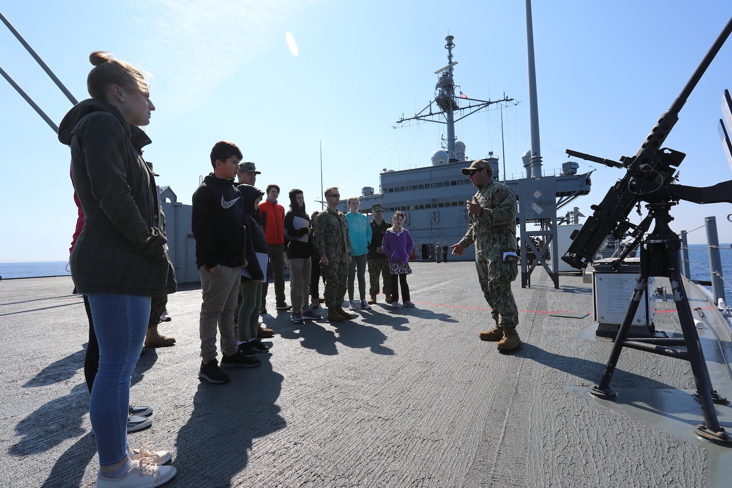 The Mount Whitney hosted families and friends during a scheduled transit from Augusta Bay, Italy to the flagship’s forward-deployed homeport of Gaeta, Italy, April 17-19, 2019. Mount Whitney, forward-deployed to Gaeta, Italy, operates with a combined crew of U.S. Navy Sailors and Military Sealift Command civil service mariners.