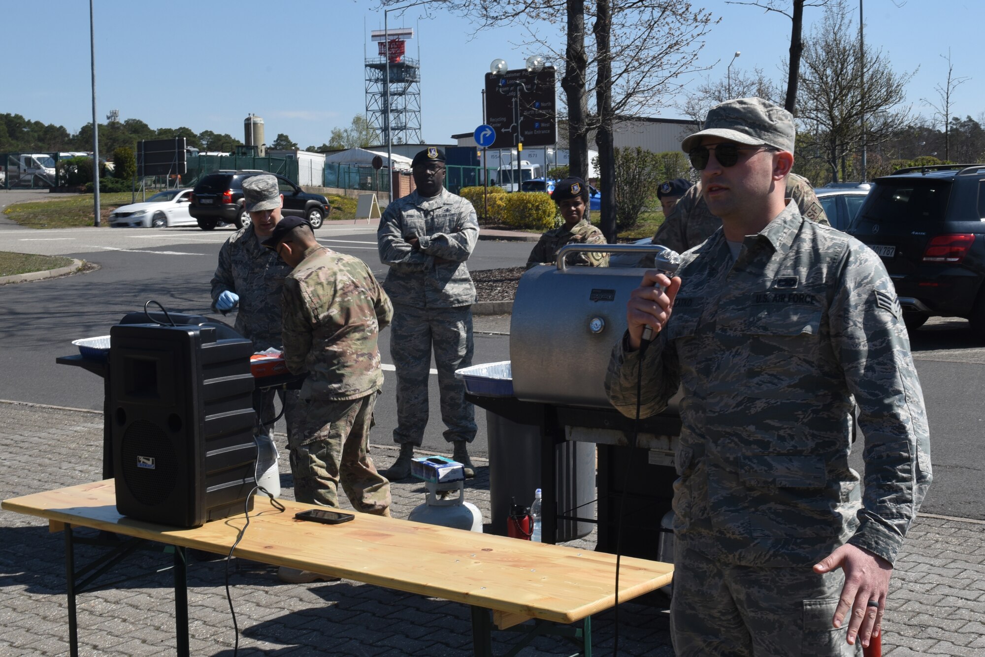 U.S. Air Force Senior Airman Tylor Szatko speaks to Kaiserslautern Military Community members about his experience with the Air Force Assistance Fund Apr 18, 2019, on Ramstein Air Base, Germany. The Air Force Assistance Fund is a financial resource available to Airmen and their families. (U.S. Air Force photo by A1C Kaylea Berry)
