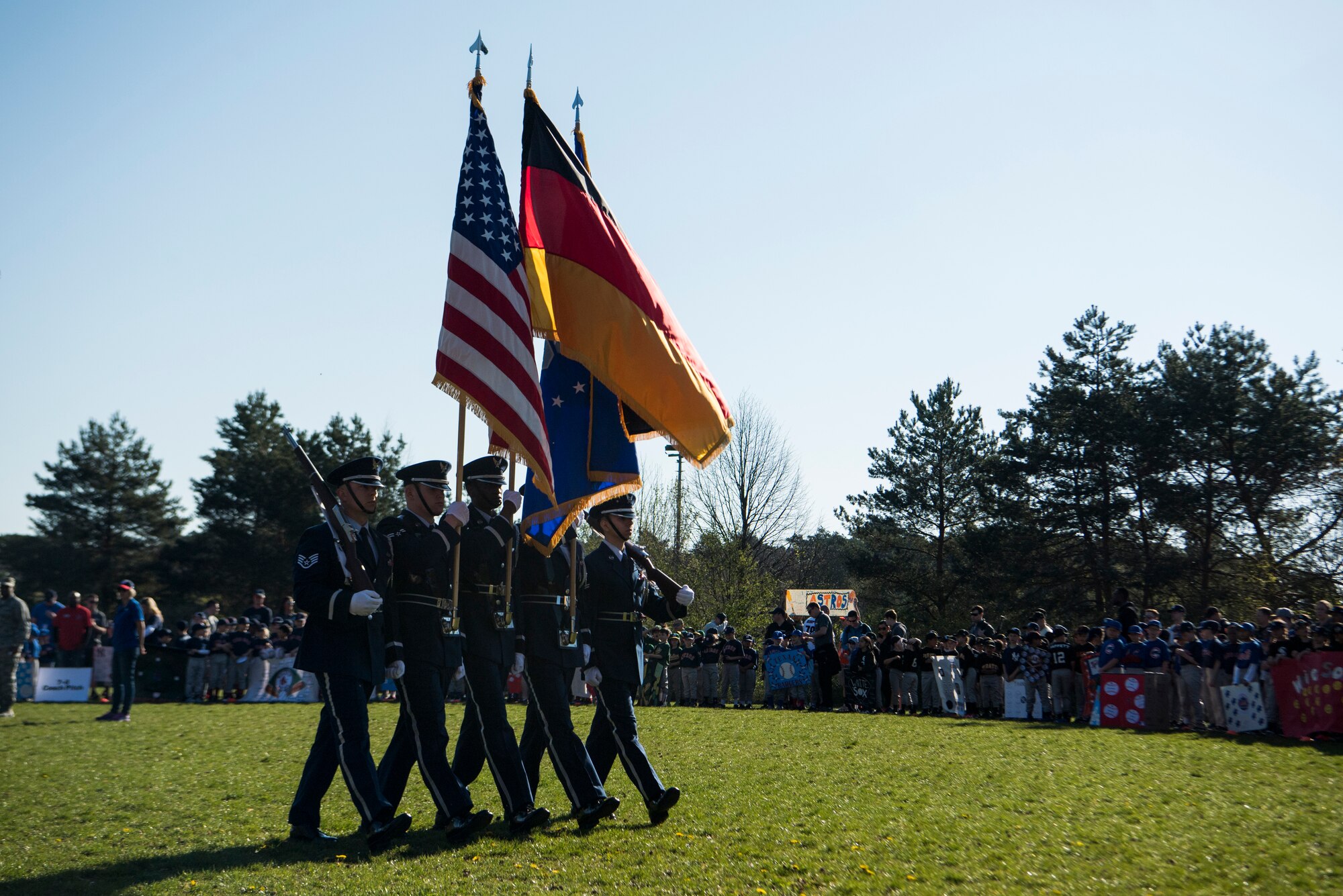 Brig. Gen. Mark R. August, 86th Airlift Wing commander gave opening remarks during the 2019 Spring Youth Sports kickoff opening day event on Ramstein Air Base, Germany, April 20, 2019.