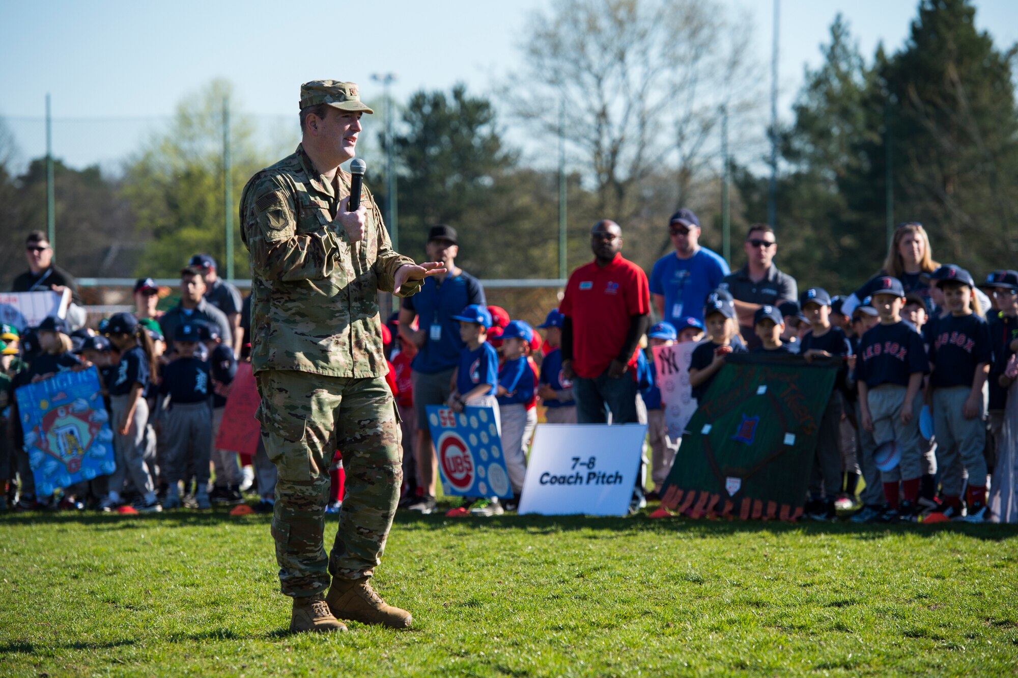 Brig. Gen. Mark R. August, 86th Airlift Wing commander gave opening remarks during the 2019 Spring Youth Sports kickoff opening day event on Ramstein Air Base, Germany, April 20, 2019.