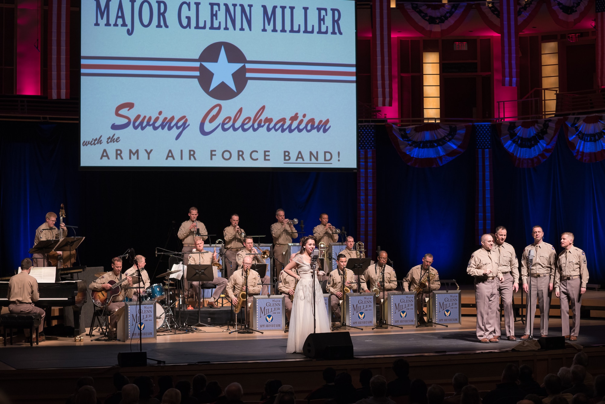 Acclaimed jazz vocalist Veronica Swift sings during "On the Air: A Glenn Miller Swing Celebration," a show featuring The U.S. Air Force Band performing the music of big band legend Major Glenn Miller on April 2, 2019, at the Music Center at Strathmore in North Bethesda, Maryland. The U.S. Air Force Band partnered with Washington Performing Arts to present this concert highlighting the legacy of Major Miller's music and his leadership of the Army Air Force Band. This year marks the 75th anniversary of the disappearance of Miller's plane during World War II. (U.S. Air Force Photo by Technical Sgt. Valentine Lukashuk)