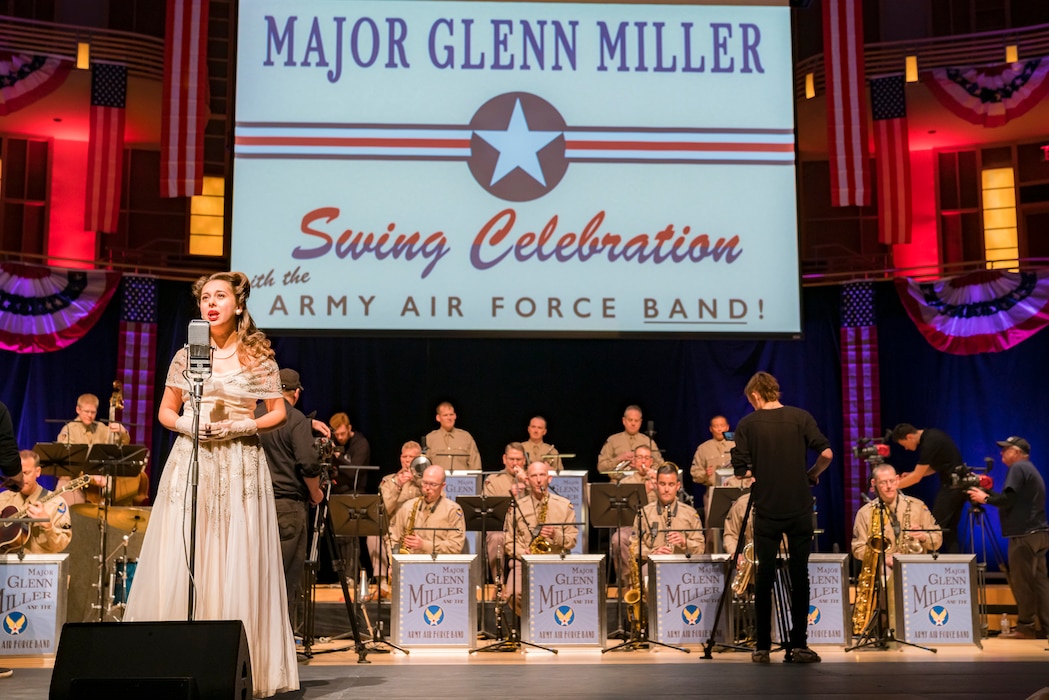 Acclaimed jazz vocalist Veronica Swift sings during "On the Air: A Glenn Miller Swing Celebration," a show featuring The U.S. Air Force Band performing the music of big band legend Major Glenn Miller on April 2, 2019, at the Music Center at Strathmore in North Bethesda, Maryland. The U.S. Air Force Band partnered with Washington Performing Arts to present this concert highlighting the legacy of Major Miller's music and his leadership of the Army Air Force Band. This year marks the 75th anniversary of the disappearance of Miller's plane during World War II. (U.S. Air Force Photo by Master Sgt. Josh Kowalsky)