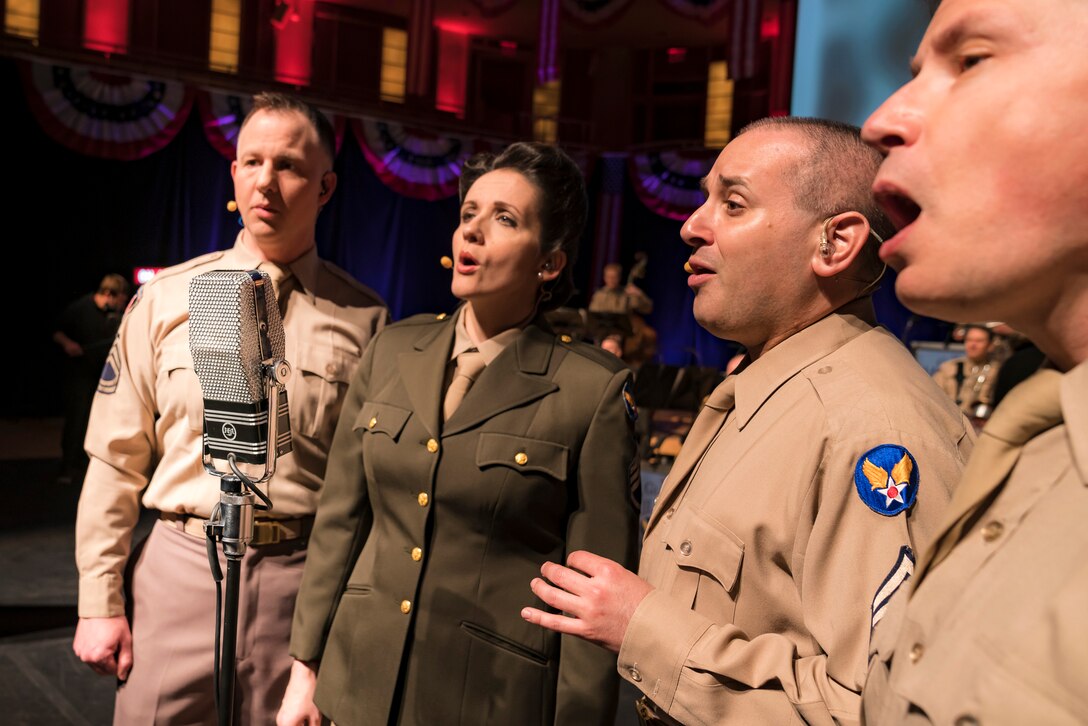 Members of The U.S. Air Force Band perform during "On the Air: A Glenn Miller Swing Celebration," a show featuring the music of big band legend Major Glenn Miller on April 2, 2019, at the Music Center at Strathmore in North Bethesda, Maryland. The U.S. Air Force Band partnered with Washington Performing Arts to present this concert highlighting the legacy of Major Miller's music and his leadership of the Army Air Force Band. This year marks the 75th anniversary of the disappearance of Miller's plane during World War II. (U.S. Air Force Photo by Master Sgt. Josh Kowalsky)