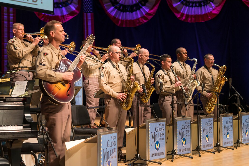 Members of The U.S. Air Force Band perform the music of big band legend Major Glenn Miller on April 2, 2019, at the Music Center at Strathmore in North Bethesda, Maryland. The U.S. Air Force Band partnered with Washington Performing Arts to present this concert titled "On the Air: A Glenn Miller Swing Celebration," which highlighted the legacy of Major Miller's music and his leadership of the Army Air Force Band. This year marks the 75th anniversary of the disappearance of Miller's plane during World War II. (U.S. Air Force Photo by Master Sgt. Josh Kowalsky)