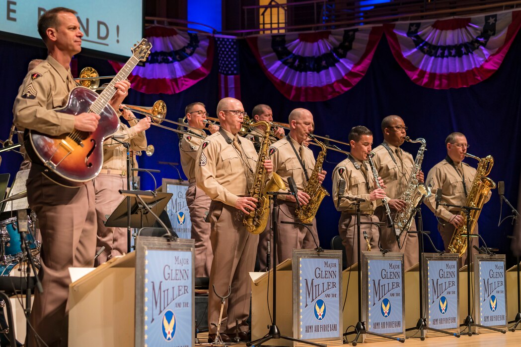 Members of The U.S. Air Force Band perform the music of big band legend Major Glenn Miller on April 2, 2019, at the Music Center at Strathmore in North Bethesda, Maryland. The U.S. Air Force Band partnered with Washington Performing Arts to present this concert highlighting the legacy of Major Miller's music and his leadership of the Army Air Force Band. This year marks the 75th anniversary of the disappearance of Miller's plane during World War II. (U.S. Air Force Photo by Master Sgt. Josh Kowalsky)