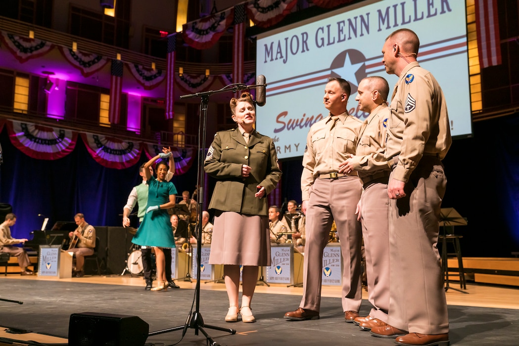 Members of The U.S. Air Force Band perform the music of big band legend Major Glenn Miller on April 2, 2019, at the Music Center at Strathmore in North Bethesda, Maryland. The U.S. Air Force Band partnered with Washington Performing Arts to present this concert highlighting the legacy of Major Miller's music and his leadership of the Army Air Force Band. This year marks the 75th anniversary of the disappearance of Miller's plane during World War II. (U.S. Air Force Photo by Master Sgt. Josh Kowalsky)