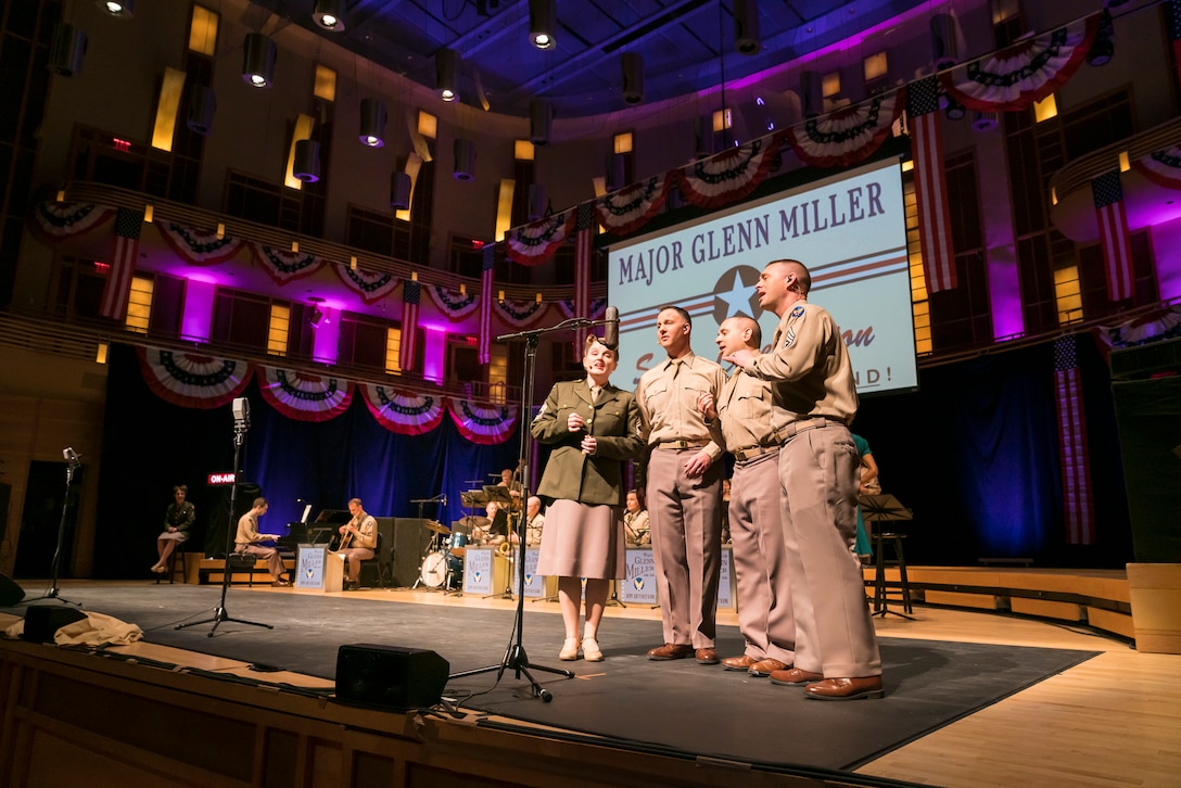 Members of The U.S. Air Force Band partnered with Washington Performing Arts and jazz vocalist Veronica Swift to present music of the late big band legend Major Glenn Miller on April 2, 2019, at the Music Center at Strathmore in North Bethesda, Maryland. The concert highlighted the legacy of Maj. Miller's music and leadership of the Army Air Force Band, and it coincided with the 75th anniversary of the disappearance of his plane somewhere over the English Channel. (U.S. Air Force Photo by Master Sgt. Josh Kowalsky)