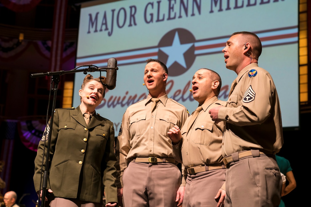 Members of The U.S. Air Force Band perform the music of big band legend Major Glenn Miller on April 2, 2019, at the Music Center at Strathmore in North Bethesda, Maryland. The U.S. Air Force Band partnered with Washington Performing Arts to present this concert highlighting the legacy of Major Miller's music and his leadership of the Army Air Force Band. The concert honored the 75th anniversary of the disappearance of Miller's plane over the English Channel during World War II. (U.S. Air Force Photo by Master Sgt. Josh Kowalsky)