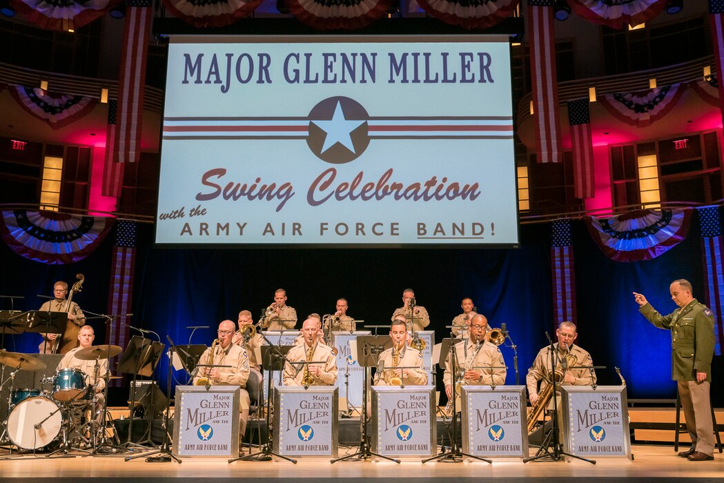 Col. Don Schofield conducts the Airmen of Note as they recreate the Major Glenn Miller Army Air Force Band on April 2, 2019, at the Music Center at Strathmore in North Bethesda, Maryland. The U.S. Air Force Band partnered with Washington Performing Arts to present this concert highlighting the legacy of Major Miller's music and his leadership of the Army Air Force Band. The concert honored the 75th anniversary of the disappearance of Miller's plane over the English Channel during World War II. (U.S. Air Force Photo by Master Sgt. Josh Kowalsky)