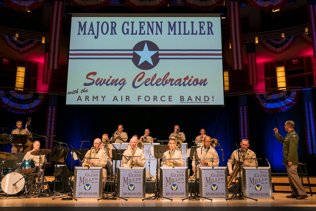 Col. Don Schofield conducts the Airmen of Note as they recreate the Major Glenn Miller Army Air Force Band on April 2, 2019, at the Music Center at Strathmore in North Bethesda, Maryland. The U.S. Air Force Band partnered with Washington Performing Arts to present this concert highlighting the legacy of Major Miller's music and his leadership of the Army Air Force Band. This year marks the 75th anniversary of the disappearance of Miller's plane during World War II. (U.S. Air Force Photo by Master Sgt. Josh Kowalsky)