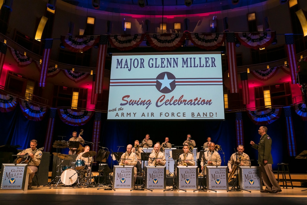Col. Don Schofield conducts the Airmen of Note as they recreate the Major Glenn Miller Army Air Force Band on April 2, 2019, at the Music Center at Strathmore in North Bethesda, Maryland. The U.S. Air Force Band partnered with Washington Performing Arts to present this concert highlighting the legacy of Major Miller's music and his leadership of the Army Air Force Band. This year marks the 75th anniversary of the disappearance of Miller's plane during World War II. (U.S. Air Force Photo by Master Sgt. Josh Kowalsky)
