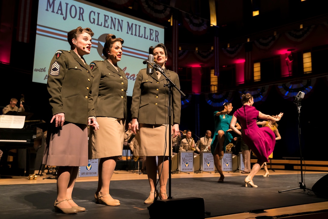 Members of The U.S. Air Force Band perform the music of big band legend Major Glenn Miller as professional dancers take center stage on April 2, 2019, at the Music Center at Strathmore in North Bethesda, Maryland. The U.S. Air Force Band partnered with Washington Performing Arts to present this concert highlighting the legacy of Major Miller's music and his leadership of the Army Air Force Band. This year marks the 75th anniversary of the disappearance of Miller's plane during World War II. (U.S. Air Force Photo by Master Sgt. Josh Kowalsky)