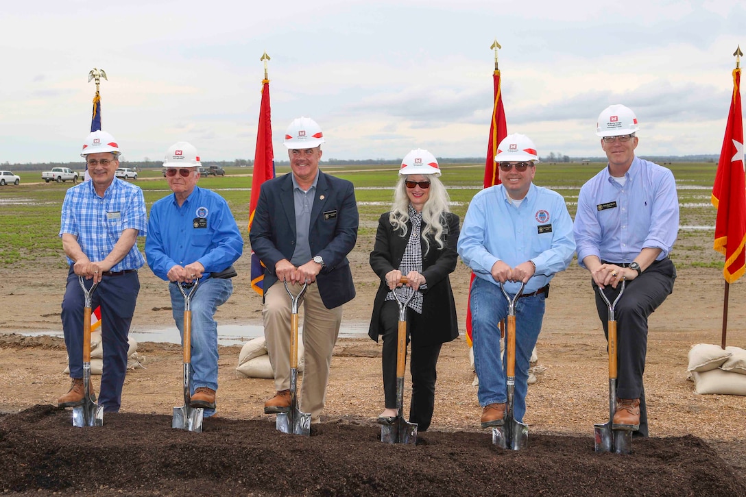 Mississippi River Commission members participate in a groundbreaking for the Miston-Ridgely Levee Restoration and Berm Project , April 8, 2019, in Ridgely, Tennessee.