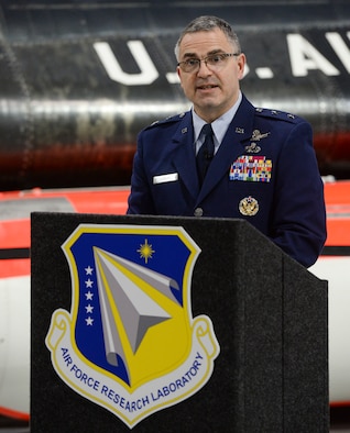 Maj. Gen. William T. Cooley, Air Force Research Laboratory commander, delivers remarks during a press conference inside the National Museum of the United States Air Force, Wright-Patterson Air Force Base, Ohio, April 18, 2019. Cooley spoke on AFRL’s efforts to work with small businesses and universities in an effort to focus on speed when it comes to the science and technology strategy as unveiled by Secretary of the Air Force Heather Wilson. (U.S. Air Force photo by Wesley Farnsworth)