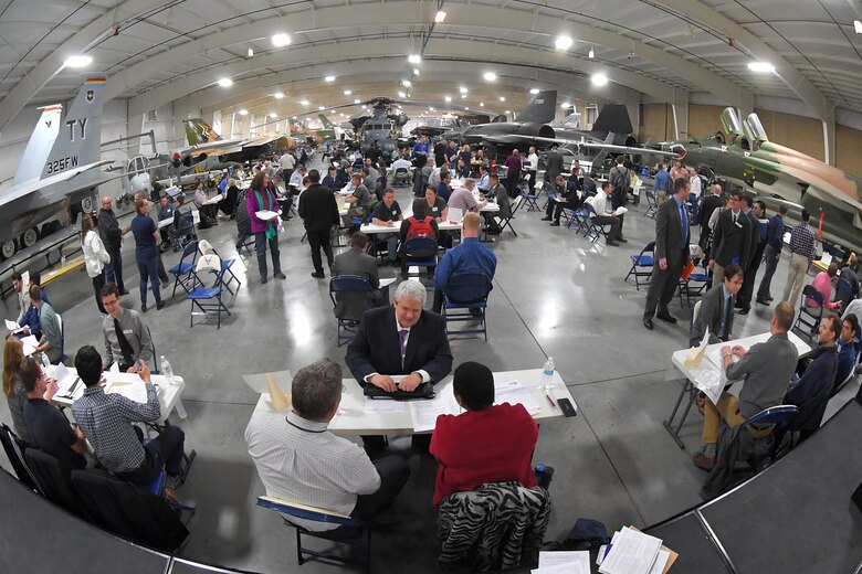 Nearly 40 programs conducted more than 600 interviews during a hiring event March 20, 2019, at Hill Air Force Base, Utah. The event held at the base’s museum focused on hiring civilian scientists and engineers. Due to workload growth and attrition of a senior workforce, Hill AFB is expecting to hire 200-300 scientists and engineers per year for the next few years. (U.S Air Force photo by Todd Cromar)