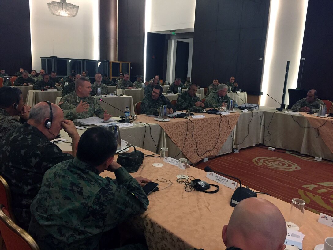 U.S. Army South Commanding General, Maj. Gen. Mark Stammer, speaks with security leaders from Brazil, Colombia, Ecuador and Peru at the Multilateral Borders Conference 2019.