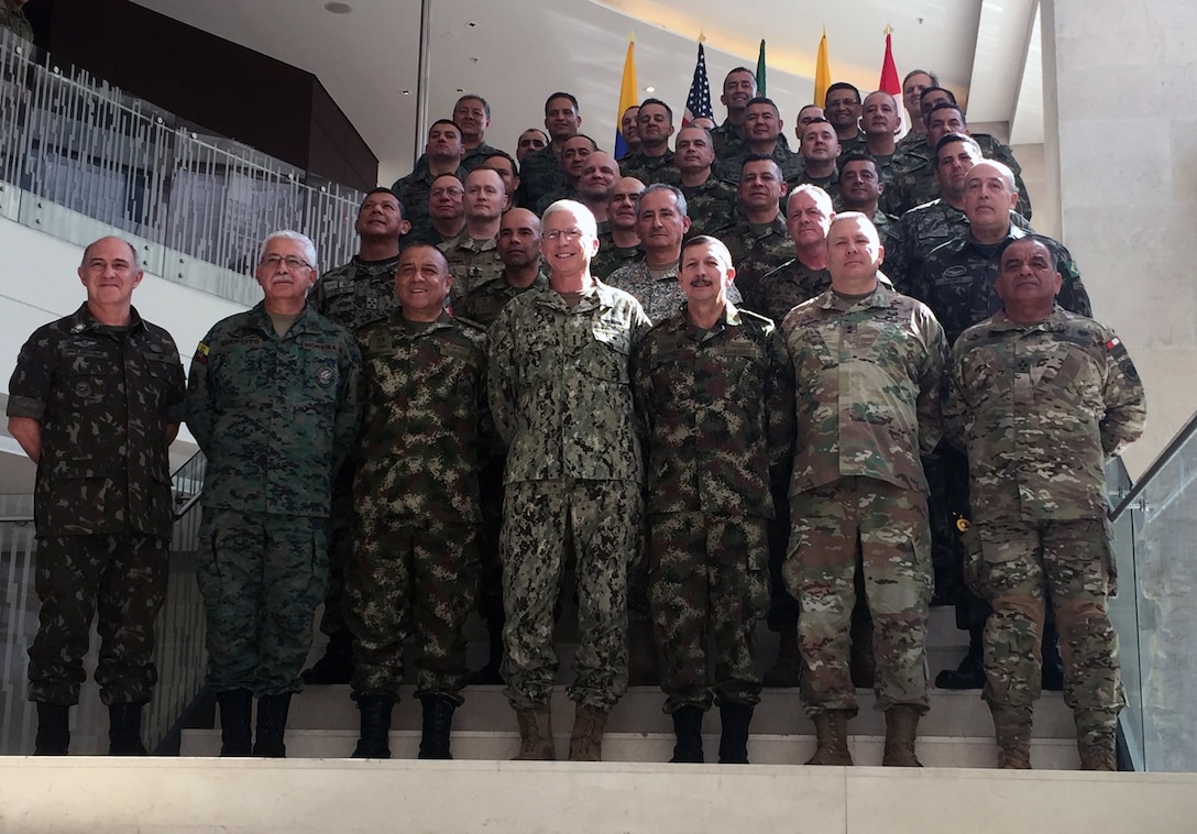 The Commander of U.S. Southern Command, Navy Adm. Craig Faller and U.S. Army South Commanding General, Maj. Gen. Mark Stammer, pose for a group photo with security leaders from Brazil, Colombia, Ecuador and Peru at the Multilateral Borders Conference 2019.