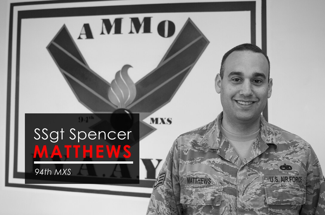 This week’s Up Close features Staff Sgt. Spencer Matthews, 94th Maintenance Squadron senior munitions inspector. Up Close is a series spotlighting individuals around Dobbins Air Reserve Base. (U.S. Air Force graphic/Tech. Sgt. Andrew Park)