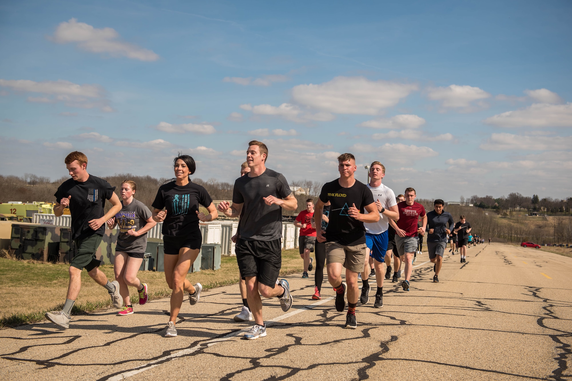 Airmen participate in a Sexual Assault Awareness run.