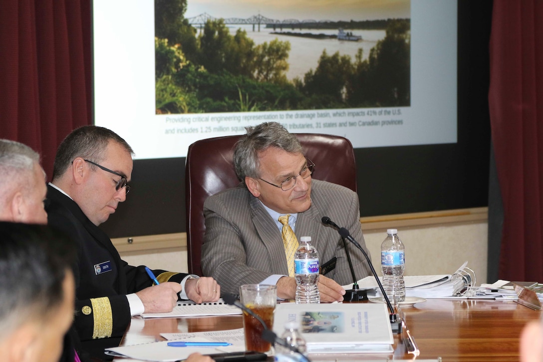 The Honorable James A. Reeder, civilian member and civil engineer for the Mississippi River Commission, responds to testimony given during the Memphis, Tenn., public hearing aboard the MV Mississippi, April, 9, 2019.