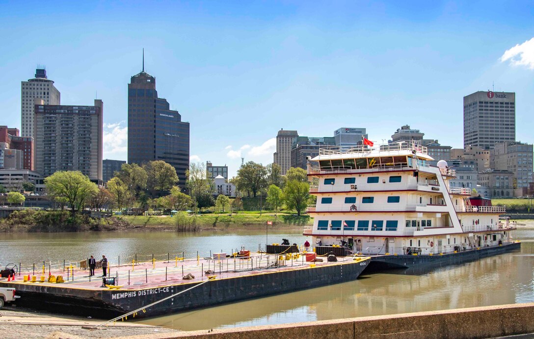 The MV Mississippi arrives in Memphis, Tennessee, April 9, 2019, for the Mississippi River Commission's annual high-water inspection and public hearing.